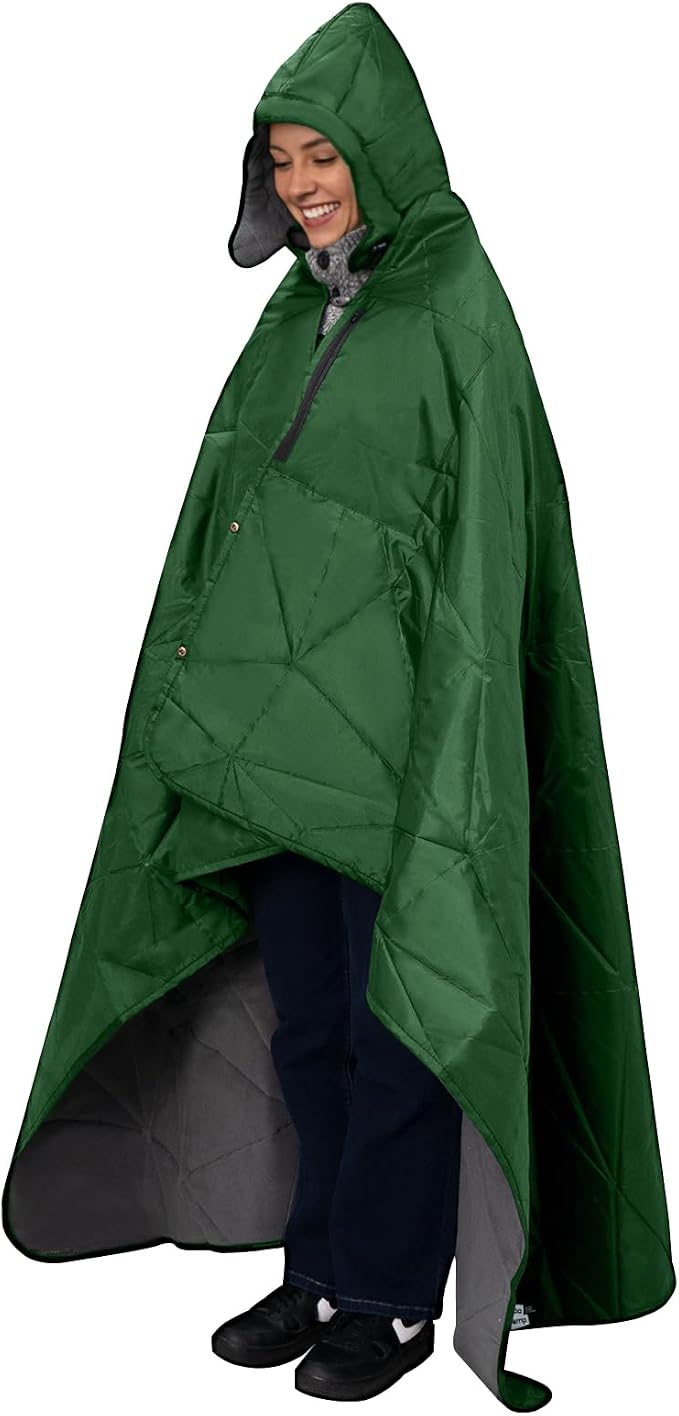 Large Waterproof Outdoor Blanket Thick Fleece 80" x 58" | Windproof Stadium Blanket, Wearable Poncho, Machine Washable for Camping, Car, Pet, Picnics - Green Hooded