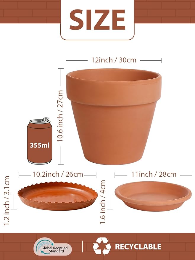INGOFIN 12 Inch Terracotta Pot with Saucer - Ceramic Clay Pot for Plants with Drainage Hole, Large Terra Cotta Flower Planter with Tray for Indoor Outdoor Plants