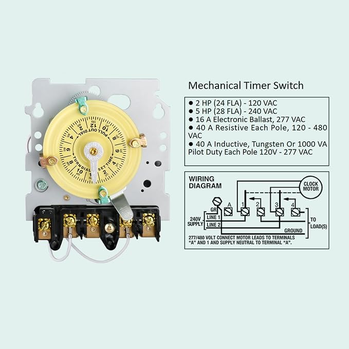 T104 Mechanical Pool Timer Switch, Weatherproof Plastic Enclosure, 208-277VAC 60Hz DPST, Indoor/Outdoor Install, for Pool Pump, Spa Equipment, Landscape Lighting, Outdoor Irrigation