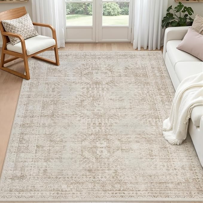 6x9 Area Rugs Living Room: Bedroom Neutral Washable Carpet Brown | Vintage Boho Soft Small Indoor Decor Floor Non-Slip Low Pile Neutral Farmhouse Entryway Laundry Bathroom Bedroom Beside Rugs