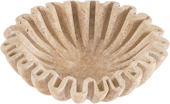 Marble Decorative Bowl Handmade 8 Inch Travertine Ruffle Bowl, Fruit Bowl for Kitchen Counter, Large Scalloped Bowls for Housewarming Gifts, Modern Fluted Bowl for Home Decor