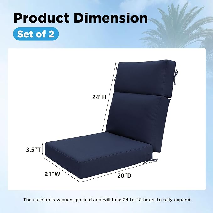 Sunbrella Outdoor Patio Chair Cushions 44x21x3.5 inch, Set of 2 Thicken Comfy Cushions for Rocker Non Slip Fade Shield Water Repellent High Back with Ties, Canvas Navy