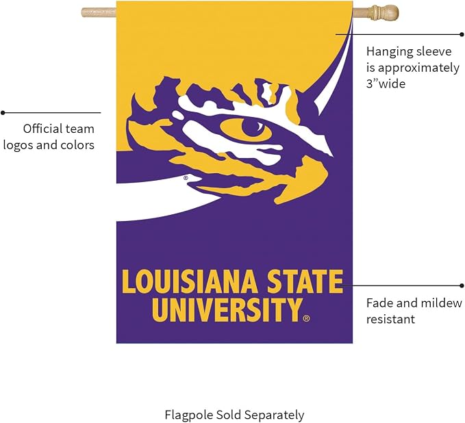 Team Sports America NCAA Louisiana State University House Flag, 28 x 44, Double Sided Garden Flags for Outside, Outdoor College Flags & Banners for Garden Patio, Indoor Wall Decor Flag for Room