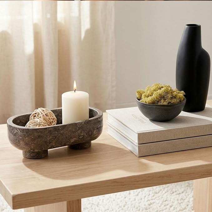 Radicaln Marble Oval Bowl With Stand 10" Inches Oceanic Handmade Decorative Bowl, Ideal Key Bowl & Candle Holder, Candy and fruit Dish For Kitchen Countertop