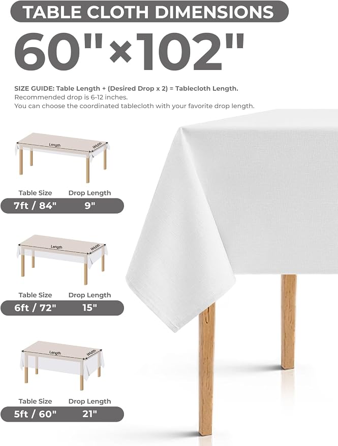 Decorelia White Washable Table Cloths for 6 Ft Rectangle Tables-4 Pack, Washable Polyester Rustic Faux Linen Rectangular Table Cloth Cover for Wedding,Outdoor,Events, Party,Banquet,Dining, 60x102 Inch