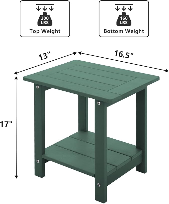 Meluvici Double Adirondack Side Table Weather Resistant, Outdoor Rectangular End Table for Adirondack Chair, Dark Green