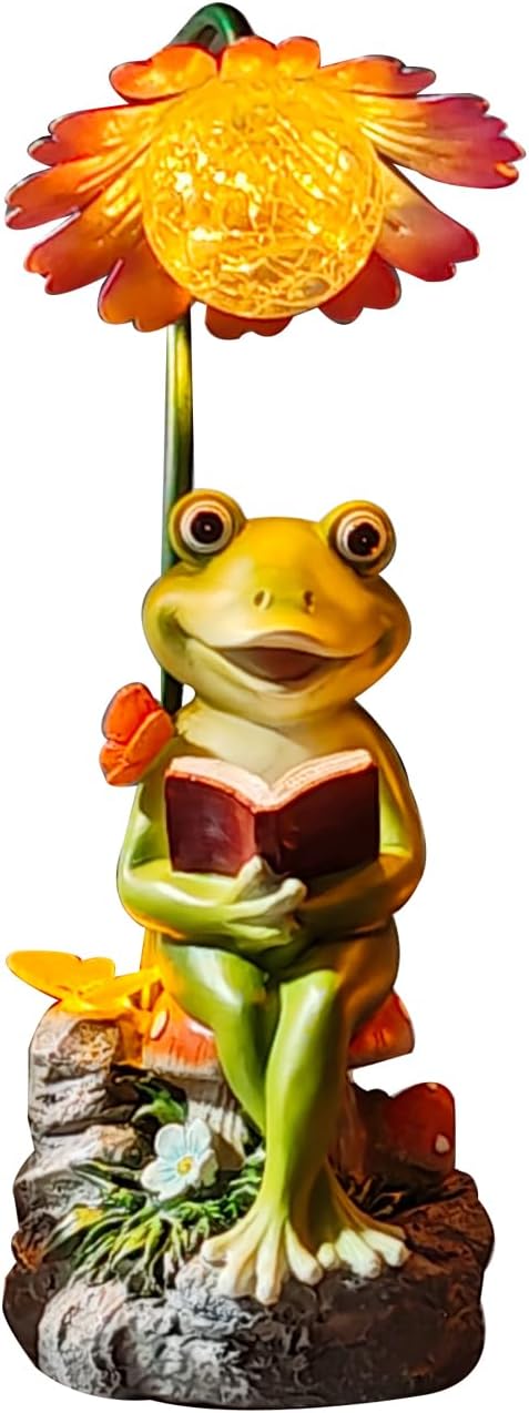 COWOS Solar-Powered Frog Garden Statue with Glowing Flower Light, Miniature Resin Figurine for Outdoor Patio, Yard, Lawn Decor