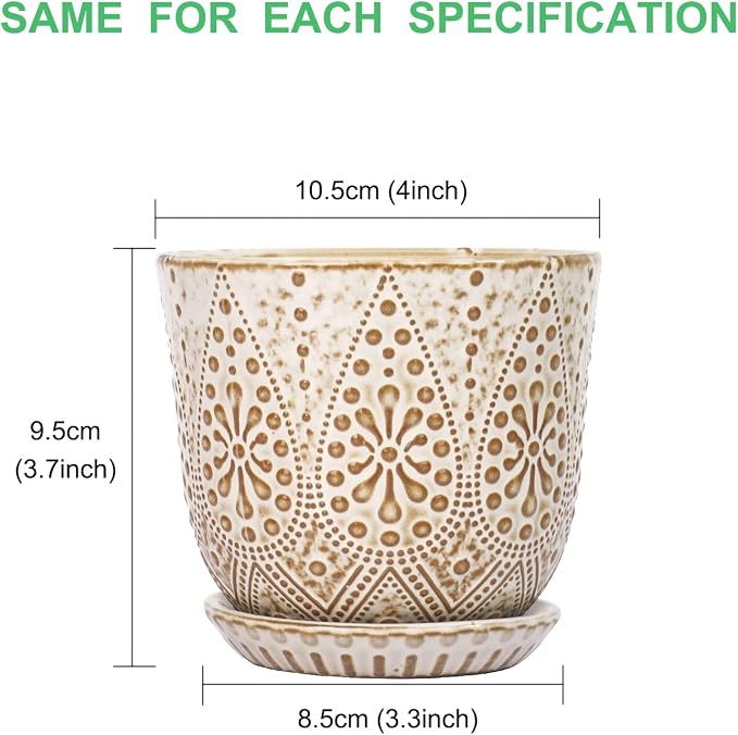 Gepege Succulent Pots, 4 Inch Small Indoor Ceramic Planter Pot with Drainage Holes and Saucers for Plants- Creamy White - Set of 4