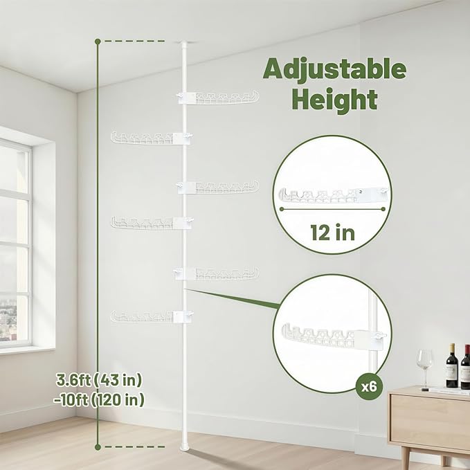 Tension Rod Plant Stand, Plant Poles for Hanging Plants Indoor, Metal Floor to Ceiling Hanging Plants Stand, Tension Pole Plant Stand with 6 Hooks (Fit 3.6-10ft), White