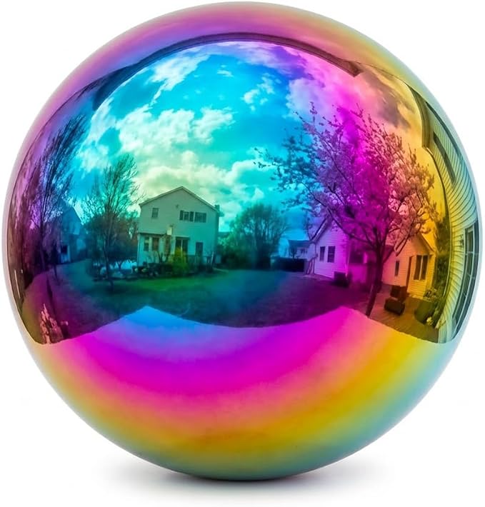 10 inch Diameter Gazing Ball,Rainbow Stainless Steel Polished Reflective Smooth Garden Sphere Globe Mirror,Colorful and Shiny Addition to Any Garden or Home