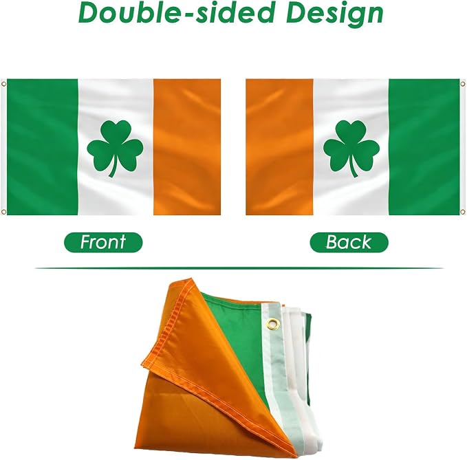 AhfuLife Irish Shamrock Flag Banner 3x5 Ft for St Patrick's Day Decorations, 2 Pcs Large Ireland Shamrock Flag - Double Sided with Brass Eyelets for Irish National Day, Outdoor Indoor Garden Decor