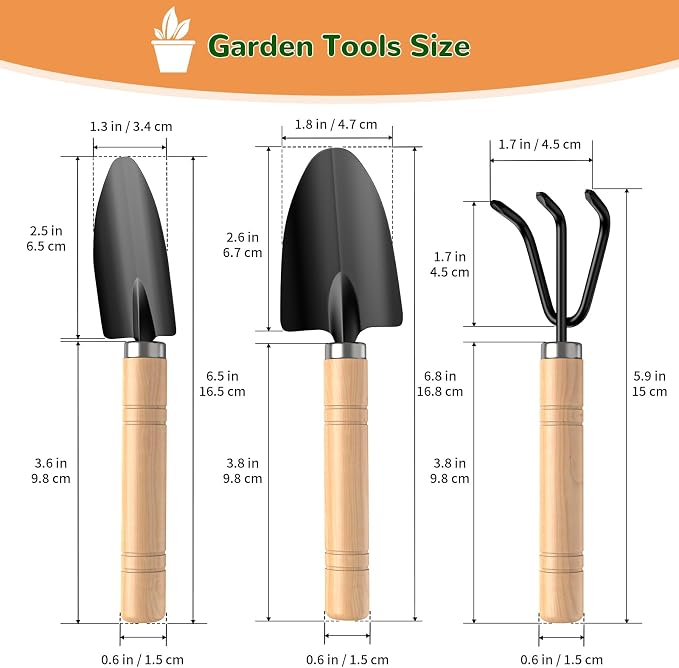 3 Pcs Mini Garden Tool Set with Small Trowel, Mini Shovel & Hand Rake | Iron Gardening Hand Tools with Wood Handle, Potting & Transplanting Tool Kit for Houseplants, Succulents, Herbs & Flowers