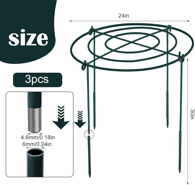 3Set Large Peony Grid Cages, 30"H X 24"D Metal Flower Support Cages Grow Through Hoop Ring Peony Stakes Garden Plant Support Rings Heavy Duty Plant Braces Peonies Structure for Outdoor Plants Blossoms