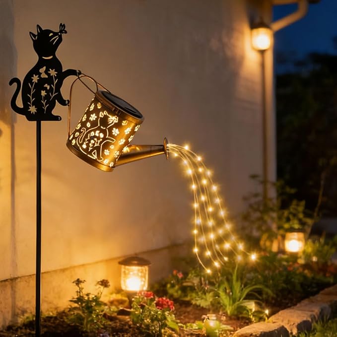 Solar-Powered Cat Watering Can Projection Lights with Metal Cat Statue Silhouette Pillar Garden Feature Light, for Christmas, Mother's Day, Birthday Gifts, Garden, Lawn, Courtyard Decorations.