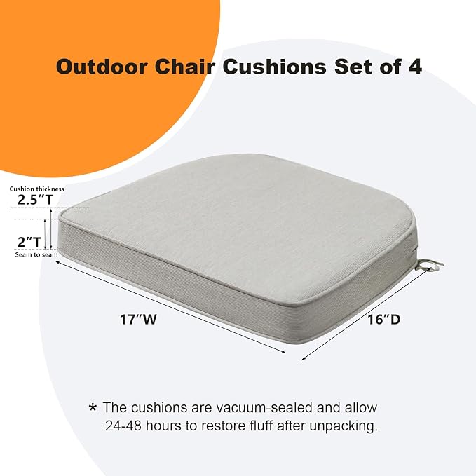 Unimatta Sunbrella Round Corner Seat Cushions, 17" x 16" x 2", Set of 4, Indoor Outdoor Water Repellent Universal Chair Pads with Ties for Patio Furniture, Garden Dining Chairs, Specrtum Pebble