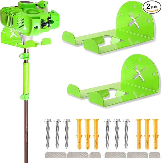Upgraded Trimmer Rack Wall Mount - 8" Heavy Duty Weed Eater Hanger for Garage Wall, Garden Power Tool Holder Organizer Hooks for Grass Trimmer, Hedge Trimmer, Leaf Blower and Chainsaw, Green, 2 Pack
