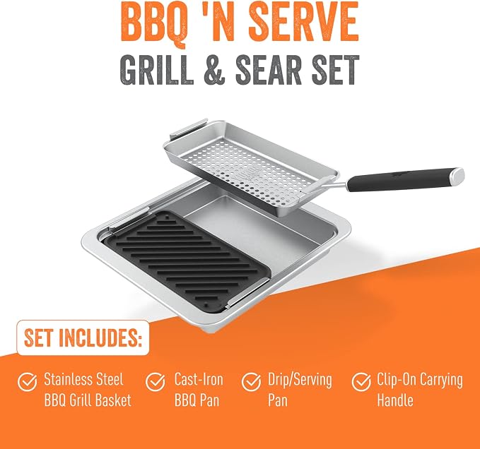 Yukon Glory Cast Iron & Stainless Grill Set | Grooved Cast Iron Pan, Stainless Serving Station & Clip-On Handle | Pre-Seasoned | Grill to Table | Gas, Charcoal & Campfire | Gift
