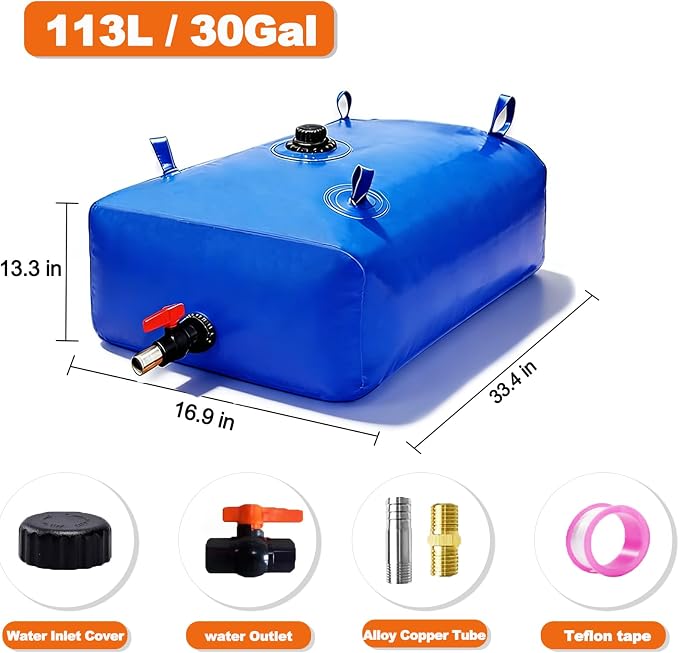 GHOSOONE 113 L/30 Gal Water Bladder Tank, Foldable Portable Water Storage Container, Emergency Water Bag for RV, Truck Bed, Fire Prevention, Drought Resistance, Blue