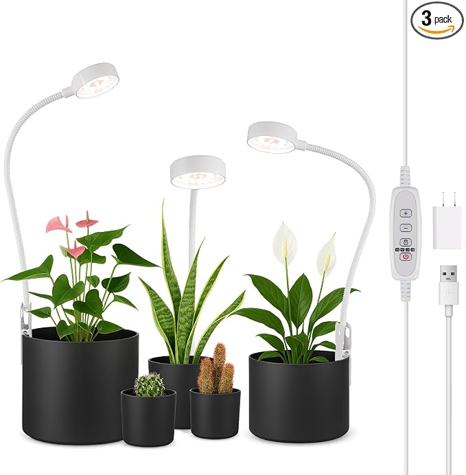 3 Pack Grow Lights, Pot Clip LED Growing Lamp for Indoor Succulents Pot Mini Small Plants,6000K White Full Spectrum with 5-Level Dimmable, Auto Timer 4/8/12/18 Hrs