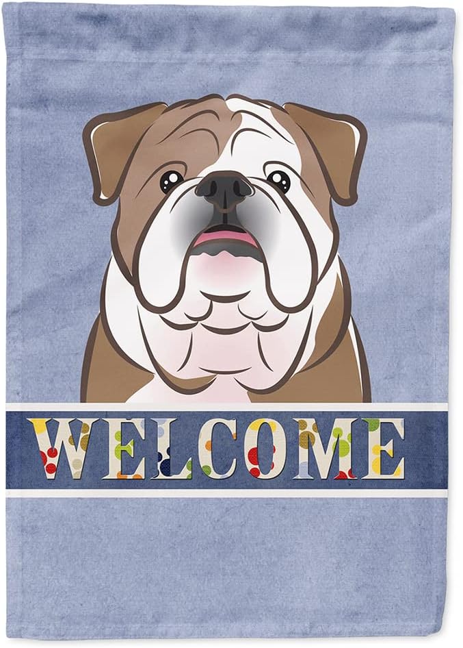 Caroline's Treasures BB1405CHF English Bulldog Welcome House Flag, Blue Large Porch Sleeve Pole Decorative Outside Yard Banner Artwork Wall Hanging, Polyester, House Size, Multicolor