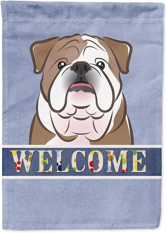 Caroline's Treasures BB1405CHF English Bulldog Welcome House Flag, Blue Large Porch Sleeve Pole Decorative Outside Yard Banner Artwork Wall Hanging, Polyester, House Size, Multicolor