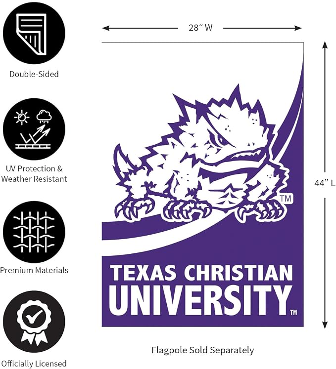NCAA Texas Christian University House Flag, 28 x 44, Double Sided Garden Flags for Outside, Outdoor College Flags & Banners for Gardens Patio, Indoor Wall Decor Flag for Room