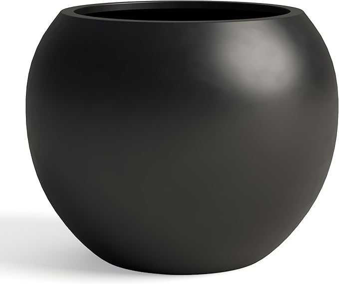 DTY Fiberstone Large Round Planter for Indoor Outdoor Use — Ball Globe Pot for Olive Tree, Monstera & Large Plants, Lightweight, UV Resistant, Drainage Hole, Coco Mat Included, Black, Medium 16.1'' D