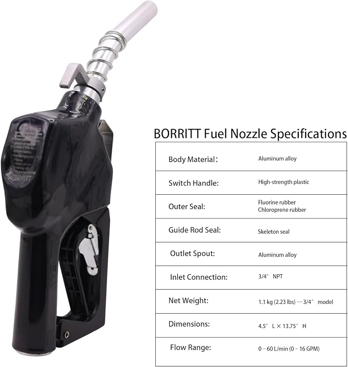 3/4" Inch NPT Auto Fuel Nozzle Automatic Shut Off Pressure Sensitive W/360° Hose Swivel Gas Fuel Transfer Pump Nozzle,13/16" Spout,Copper Valve, 16 gpm Flow Rate for Diesel,asoline,Black+Hook
