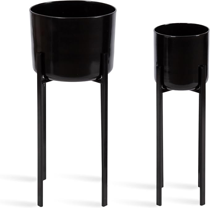 Kate and Laurel Gabi Decorative Two-Piece Metal Planters; Set of 2; Black; Modern Metal Outdoor or Indoor Plant Stands for Use as Living Room Planters or Porch Plant Stands