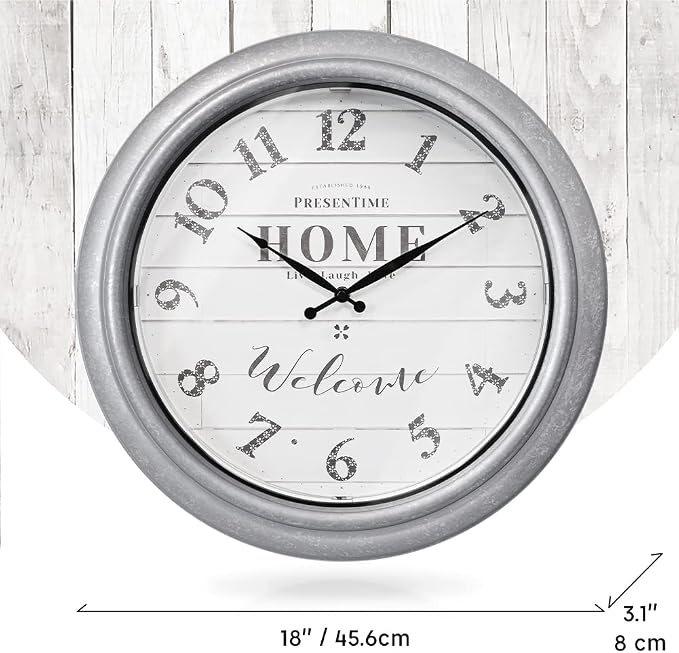 Presentime & Co 18" Vienna Modern Farmhouse Luminous Indoor/Outdoor Clock, Shiplap Style, Galvanized Silver Finish, Night Light with Smart Sensor, Wall Decoration, Outdoor Lights & Decoration.