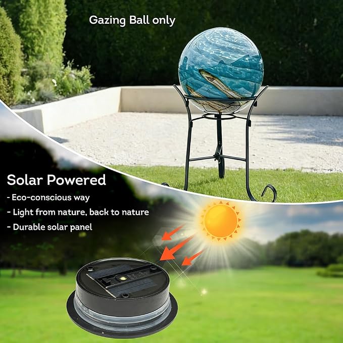 Lily's Home Gazing Ball - 7.68" Glass Globe with Solar Powered Lights - Outdoor Solar Lights for Yard & Patio - Garden Decor - Automatic On/Off Photosensitive Switch - Ocean Swirl
