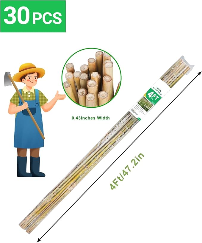 Natural Bamboo Plant Stake, （4FT 30Pcs） Sturdy Bamboo Poles, Durable Plant Bamboo Stake, Garden Climbing Plant Bracket.