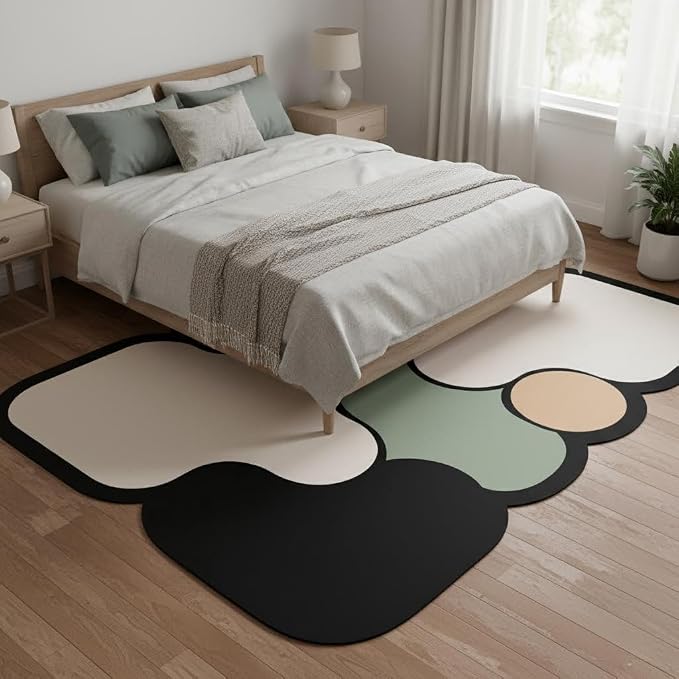 Modern Bedroom Irregular Area Rugs 10x12 Black Beige Green Geometric Pattern Odd Shaped Rug for Living Room Bedroom Nursery Farmhouse Dorm Home Office Carpets Washable Durable Thin Floor Mats