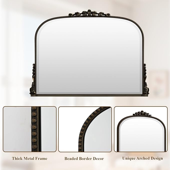 27"×36" Bronze Wide Arched Wall Mirror with Vintage Carving | Bathroom Vanity Makeup Mirror, as Wall Decor Hanging Leaning for Fireplace Mantle, Living Room, Bedroom, Vanity Area