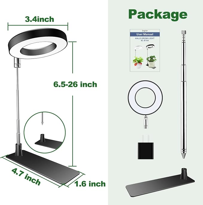 Aokrean Plant Grow Light, 48LEDs Full Spectrum Grow Lights for Indoor Plants, Height Adjustable Grow Lamp with Base, 3 Optional Spectrums, 3/9/12Hrs, 10 Brightness, Ideal for Small Plants, 1 Pack