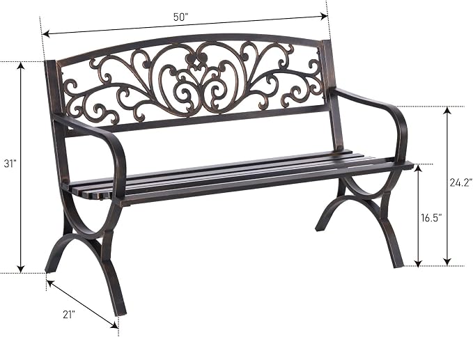 MFSTUDIO 50 Inches Outdoor Garden Bench, Cast Iron Metal Frame Patio Park Bench with Floral Pattern Backrest, Arch Legs for Porch, Lawn, Yard-Bronze