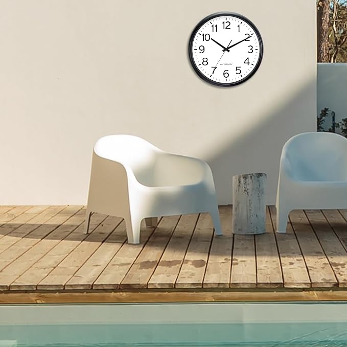 Caysie 16 Inch Sealed Large Outdoor Clock Waterproof, Silent Battery Operated Weatherproof Wall Clocks for Pool Patio Outside Home (Black)