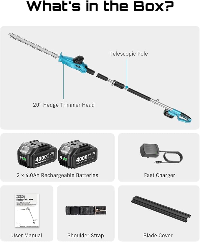 SEESII Cordless Pole Hedge Trimmer: Electric Bush Trimmer with 20" Dual-Action Blade, 2×4000mAh Battery, 8FT Telescopic Pole, Adjustable Rotating Head, Battery Powered Hedge Clipper for Shrub Trimming
