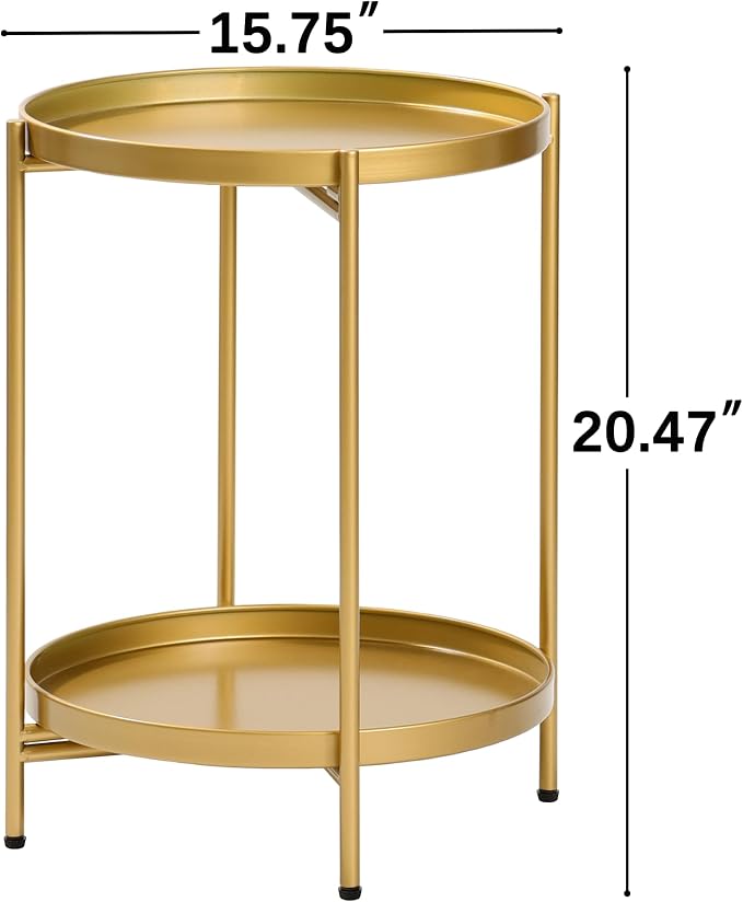 2-Tier Round End Side Table, Set of 2, Small Metal Side Table with Removable Tray, Folding Accent Tables for Living Room, Balcony, Nightstand for Bedroom, Outdoor Tables for Patio, Gold