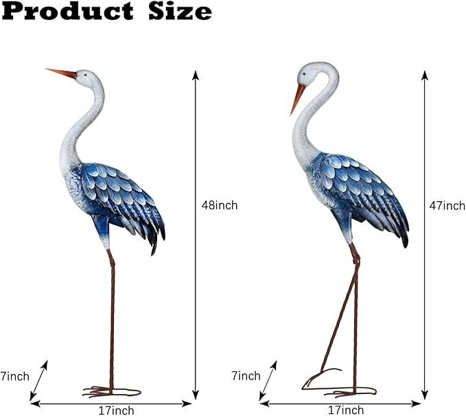 Kircust Blue Metal Heron Statues,Outdoor Garden Crane Sculptures 47-48 Inch | Waterproof and Rust-proof Bird Yard Art, For Pond & Lawn Garden Decor