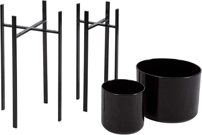 Kate and Laurel Gabi Decorative Two-Piece Metal Planters; Set of 2; Black; Modern Metal Outdoor or Indoor Plant Stands for Use as Living Room Planters or Porch Plant Stands