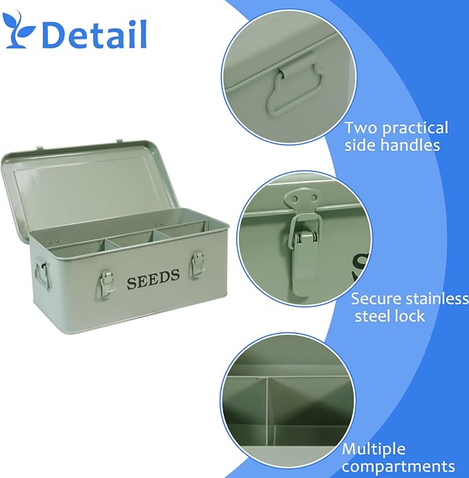 Seed Storage Box, Metal Seed Bin Seed Storage Organizer, 4 Dividers Seed Container with Safety Lock, Seed Box with Professional All-in-one Kit, Green