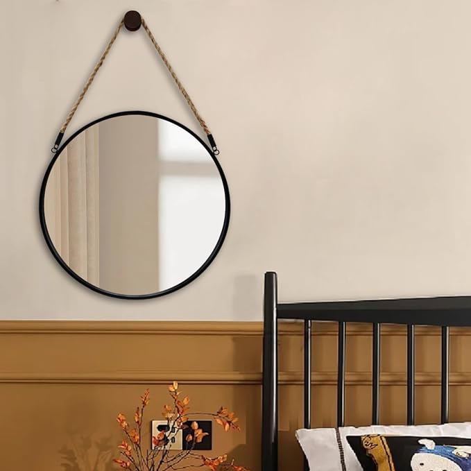 POZINO 24" Round Mirror with Black Frame, Hanging Mirror for Wall | Circle HD Mirror with Jute Rope, Anti-Rust, Farmhouse Decorative Wall Mirror for Entryway, Living Room, Fireplace, Bathroom