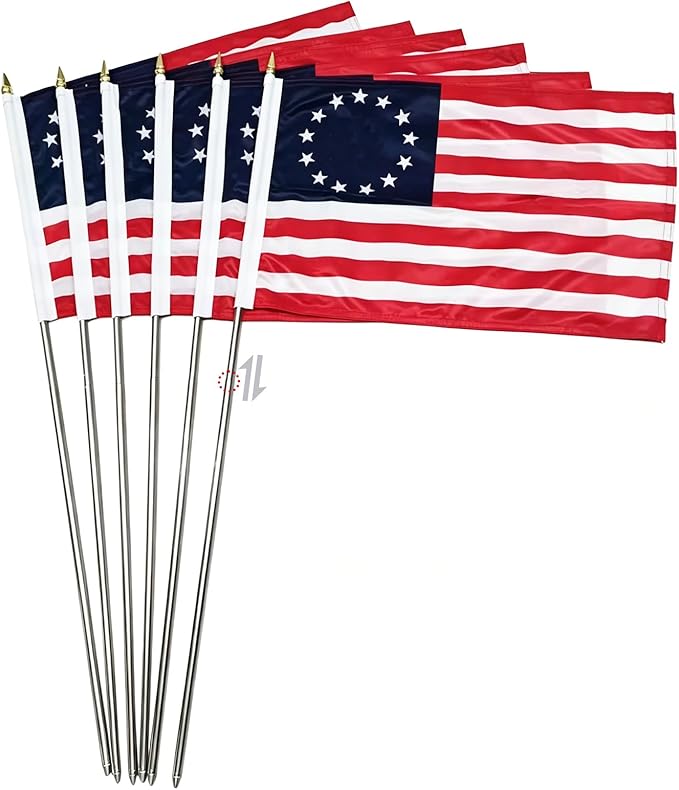 Betsy Ross Flags on Stick 6-Pack, 12x18 Inch 13 Star American Handheld Flag with Stainless Steel Telescopic Pole, Small USA Flags for 250th Anniversary July 4th Parade Patriotic Decorations