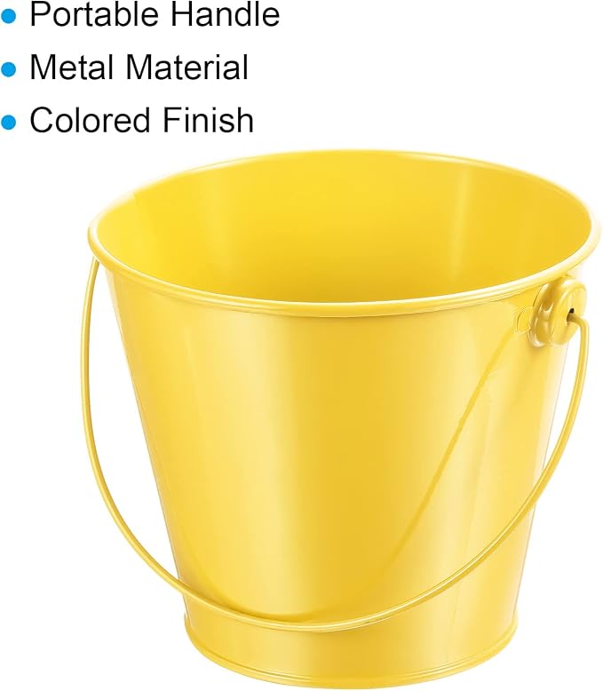 PATIKIL 4.7 Inch Colored Metal Buckets, 4 Pack Pencil Holder Buckets Round Metal Planter Pails Container with Handles for Classroom Crafts, Yellow