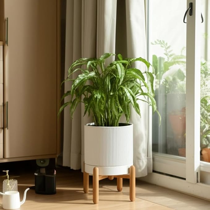 HERDUK 8 Inch Ceramic Planter with Natural Wood Stand w/Drainage & Saucer - Modern Indoor Planter for Cacti, Snake Plants & Aloe Vera