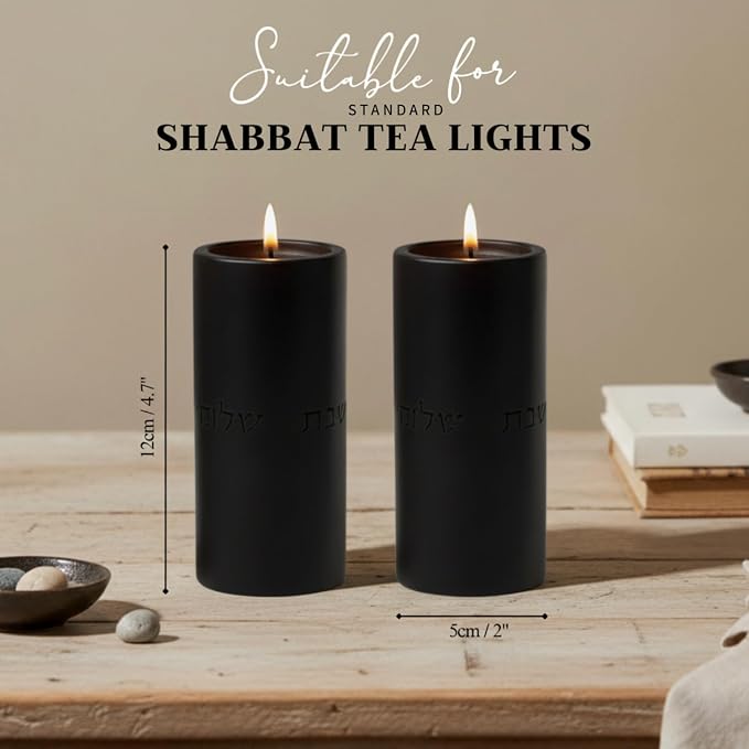 SURI Concrete Shabbat Candle Holders in Black | Jewish Judaica Gift Set with Modern Shabbat Candle Holders | Tall & Short, Ideal Shabbat Set for Tea Lights (Tealights not Included)