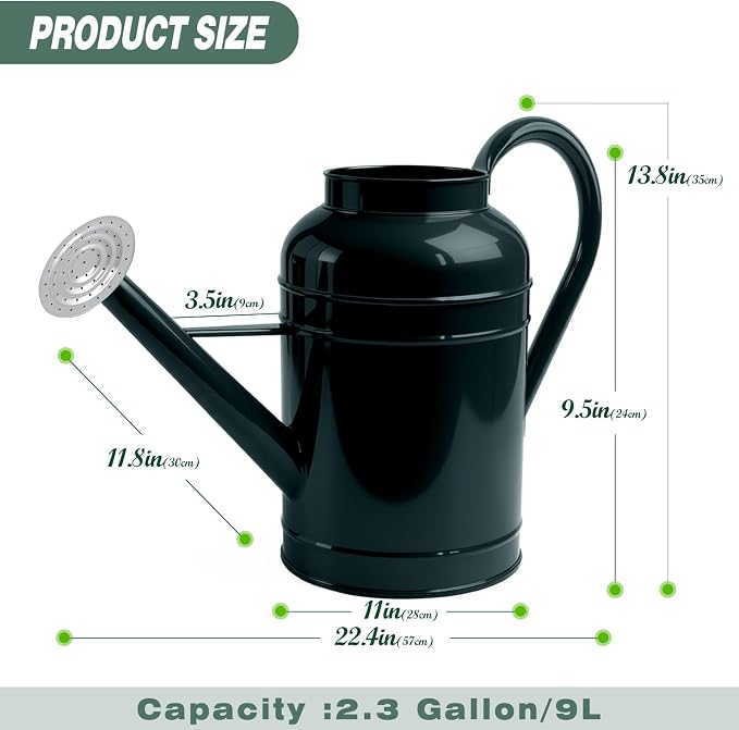 LONGRUN 2.3 Gallon Dark Green Metal Watering Can for Plants and Garden with Removable Spout, Made of Galvanized Iron