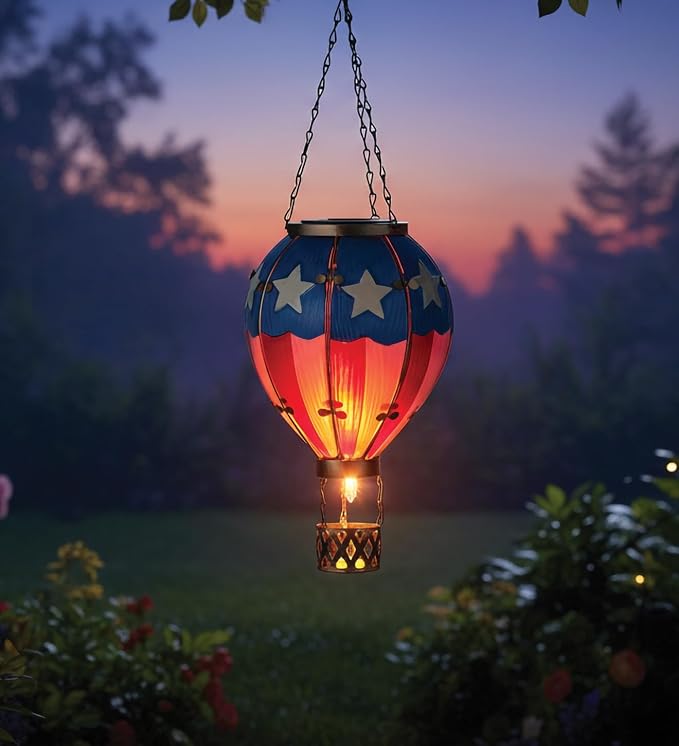 Regal Art & Gift Hot Air Balloon Solar Lantern – Hanging Solar-Powered LED Lights, Waterproof Portable Decorative Outdoor Lamp Made of Metal & Glass for Garden, Patios & Pathway – Americana (Large)