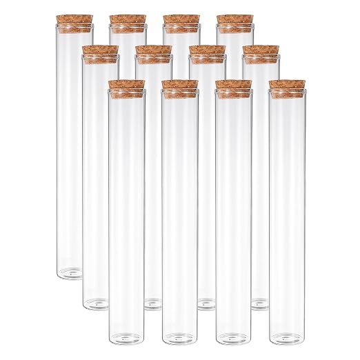 PATIKIL 110ml Test Tubes, 12pcs 7.87x1.18 Glass Clear Flat Bottom Test Tube Containers with Cork Stopper for Bead Party Candy Bath Salt Storage Scientific Experiment Plant Propagation